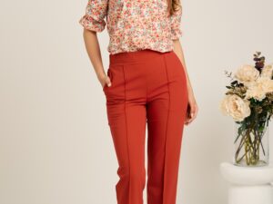 Pantaloni DY Fashion office din stofa rosii cu dunga