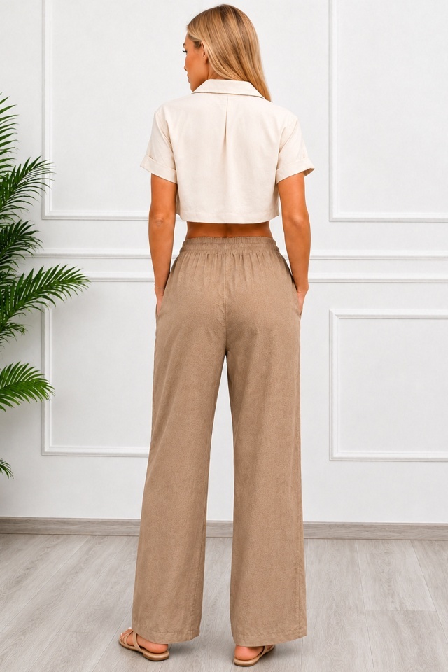 Reducere 40% - Pantaloni lungi, texturati Marietta, cu snur in talie, Bej 2 texturati Marietta