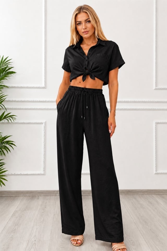 Reducere 40% - Pantaloni lungi, texturati Marietta, cu snur in talie, NEGRU 1 Pantaloni lungi