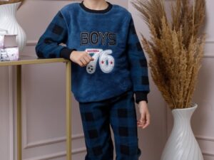 Pijama baieti Teddy din fleece bleumarin cu model fotbal