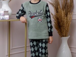 Pijama baieti Teddy din fleece verde cu model baseball