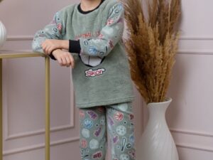 Pijama baieti Teddy din fleece verde cu model fotbal