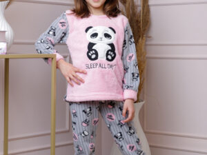 Pijama fetite Daisy din fleece roz cu model cu panda