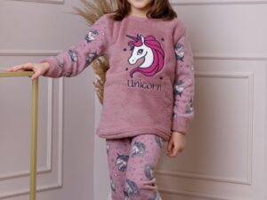 Pijama fetite Daisy din fleece roz prafuit cu model cu unicorni