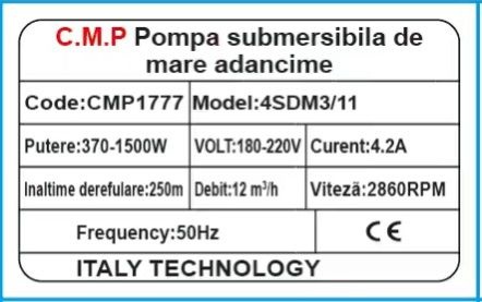 Reducere 17% - POMPA SUBMERSIBILA MULTIETAJATA APA CURATA, 4SDM3/11, 1500W, 11 TURBINE, CABLU 30M, INALTIME REFULARE 108M, DEBIT 3000 L/H, CMP1777 2 4SDM3/11