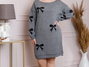 Pulover Bonnie gri tip rochie cu fundite