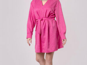 Rochie ciclam tip camasa cu cordon in talie