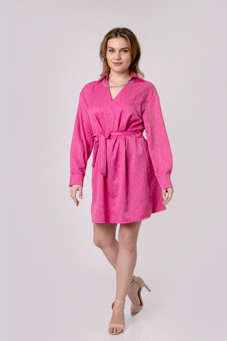 Reducere 61% - Rochie ciclam tip camasa cu cordon in talie 1 Rochie ciclam tip camasa cu cordon in talie