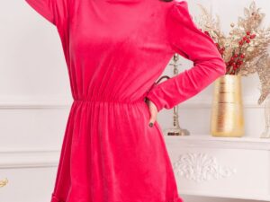 Rochie dama Cherry din catifea fucsia cu volanas