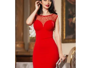 Rochie de ocazie Katrina rosie cambrata cu paiete