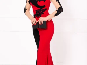 Rochie de seara rosie Twilla tip sirena cu broderie aplicata