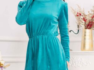Rochie de zi Cherry din catifea turquoise cu volanas