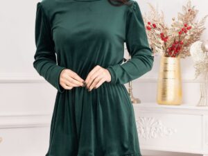 Rochie de zi Cherry din catifea verde cu volanas