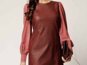 Rochie DY Fashion din piele ecologica burgundy cu maneci din voal roz
