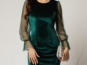 Rochie DY Fashion eleganta din catifea verde cu maneci din tull cu buline