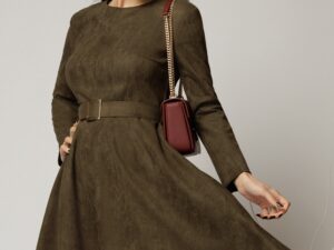 Rochie DY Fashion kaki clos din piele intoarsa si curea in talie