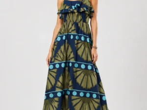 Rochie lunga din bumbac subtire cu volan pe piept siimprimeu abstract