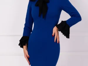 Rochie office Mary albastru royal cu mansete negre si funda