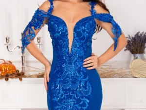 Rochie pretioasa Melissa albastru royal cu broderie si paiete