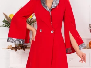 Rochie Stefany rosie cu guler si mansete din paiete argintii