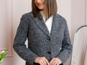Sacou dama Dorothy din tweed bleumarin multicolor cu nasturi decorativi