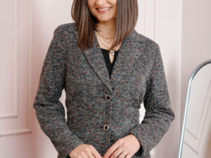 Sacou dama Dorothy din tweed gri antracit multicolor cu nasturi decorativi