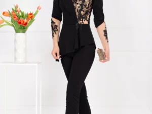 Salopeta eleganta neagra cu peplum in talie si aplicatii brodate