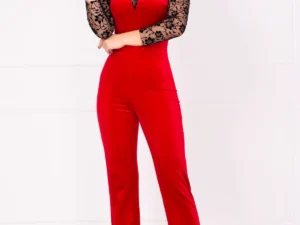 Salopeta rosie eleganta Deniss din catifea cu insertii din tulle