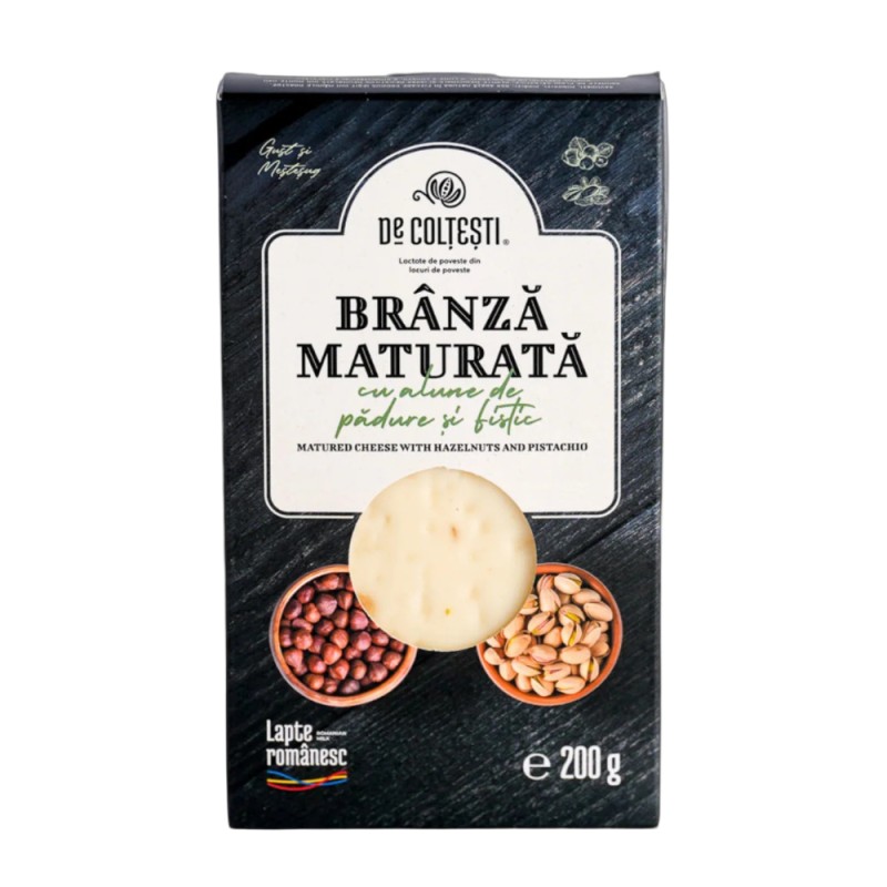 Reducere 18% - Set 2 x Branza Maturata cu Alune de Padure si Fistic, De Coltesti, 200 g 1 Set 2 x Branza Maturata cu Alune de Padure si Fistic
