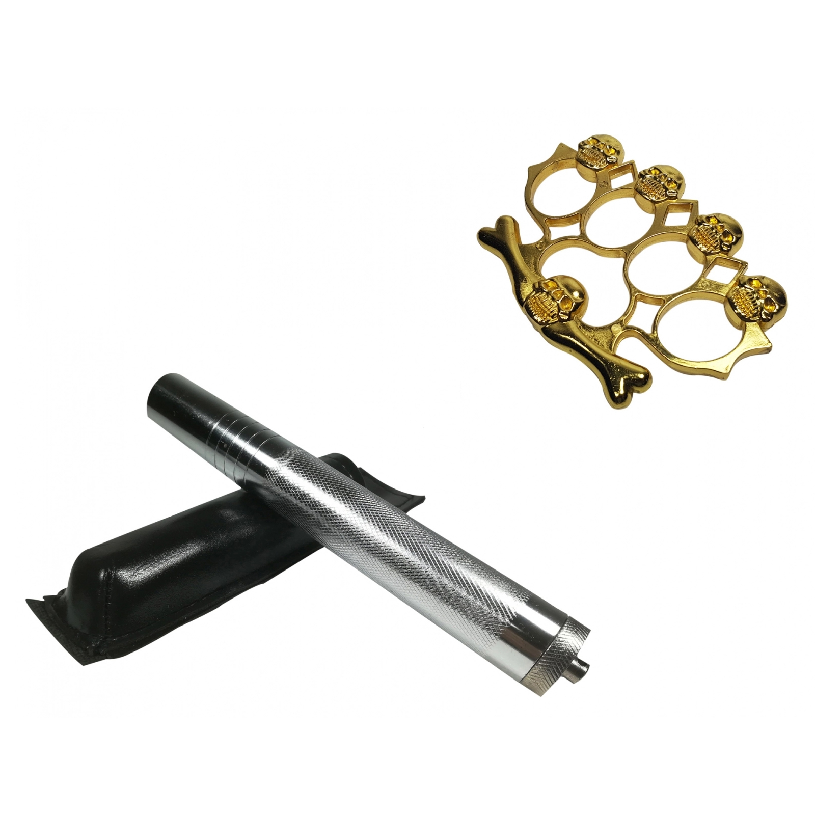 Reducere 55% - Set baston telescopic din otel, argintiu, 64 cm + box-rozeta craniu auriu 1 Set baston telescopic din otel