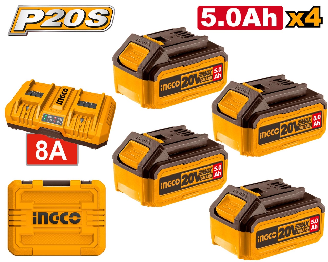 Reducere 13% - Set baterii 20V 5.0Ah (4 buc) cu incarcator dublu 4A+4A, pentru scule P20S, acumulator INGCO FBCLI20285 2 pentru scule P20S
