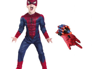 Set costum Spiderman cu muschi si manusa lansator cu 7 ventuze din burete