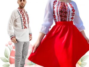 Set Cuplu 494   Camasa Traditionala si Rochie Stilizata cu motive traditionale
