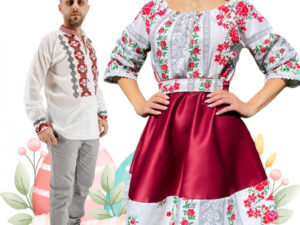 Set Cuplu 497   Camasa Traditionala si Rochie Stilizata cu motive traditionale