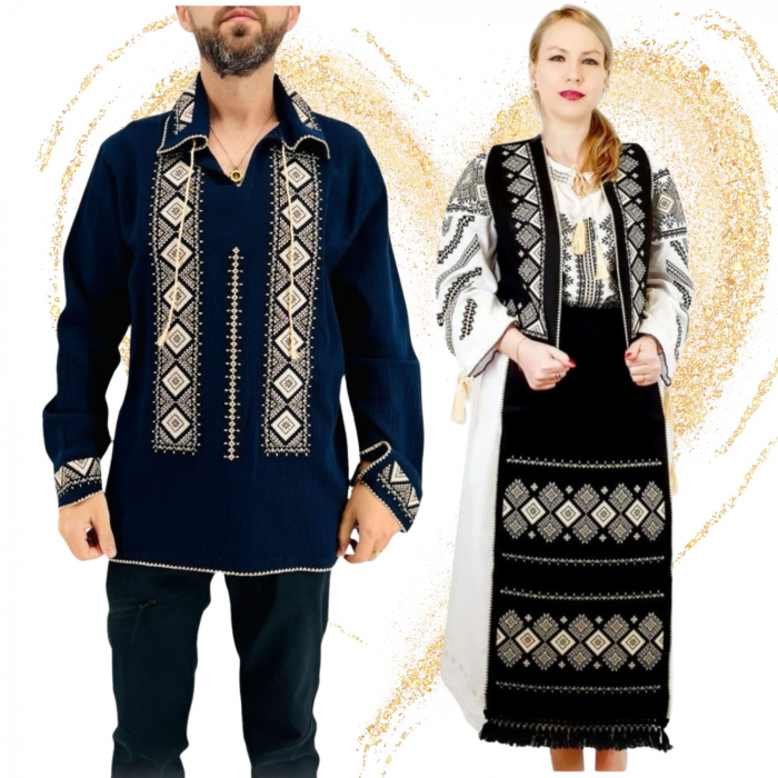 Set Tradițional Cuplu 583 Camasa traditionale cu broderie și Costum Damă complet