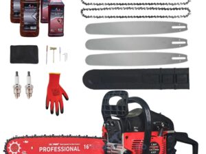 *SUPER Pachet* 8.5cp Drujba benzina + 3 lanturi + 3 lame + x2 ulei ungere lant 1L + x2 ulei amestec 0.5L + x2 bujii + accesorii + manusi protectie