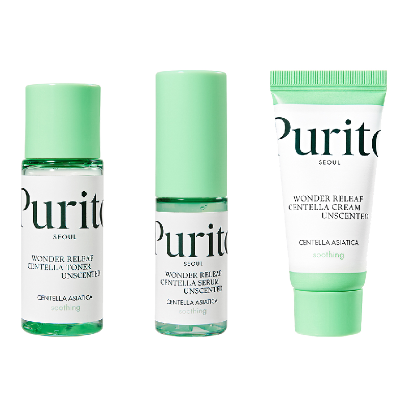 Reducere 25% - Mini Kit Set Wonder Releaf Centella Unscented, 30*15*15 ml, Purito 1 Mini Kit Set Wonder Releaf Centella Unscented