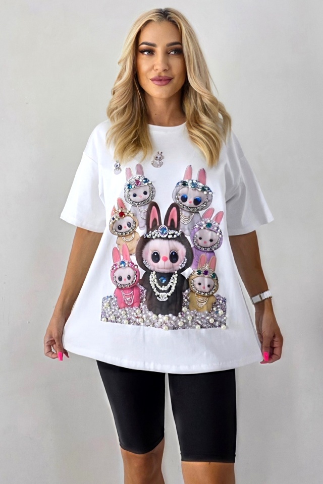Reducere 46% - Tricou dama cu print La BuBu, croiala oversize cu perle si cristale, Alb, Marime S/M/L 1 Tricou dama cu print La BuBu