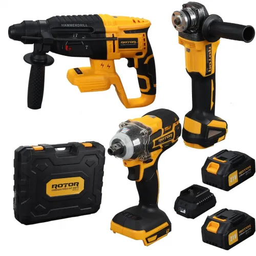 Reducere 15% - Trusa de scule 3 în 1 ROTOR RSET3, Rotopercutor ,Polizor unghiular, Autofiletanta 21V/3Ah 1 Trusa de scule 3 în 1 ROTOR RSET3