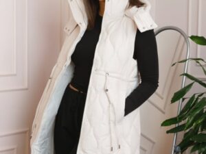 Vesta dama lunga Tiffany cu gluga detasabila si snur in talie - Ivoire