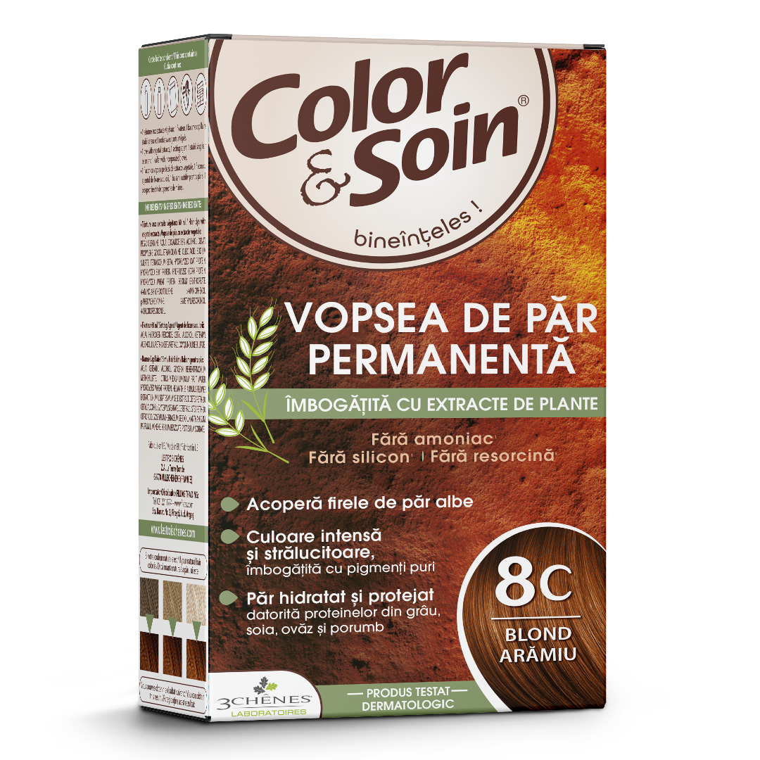 Reducere 30% - Vopsea de par fara amoniac, fara silicon, blond aramiu, 8C, Color&Soin 1 Vopsea de par fara amoniac