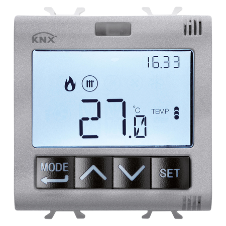 Reducere 41% - Cronotermostat 1No 5A 250Vac KNX Titaniu 2 module 1 Cronotermostat 1No 5A 250Vac KNX Titaniu 2 module