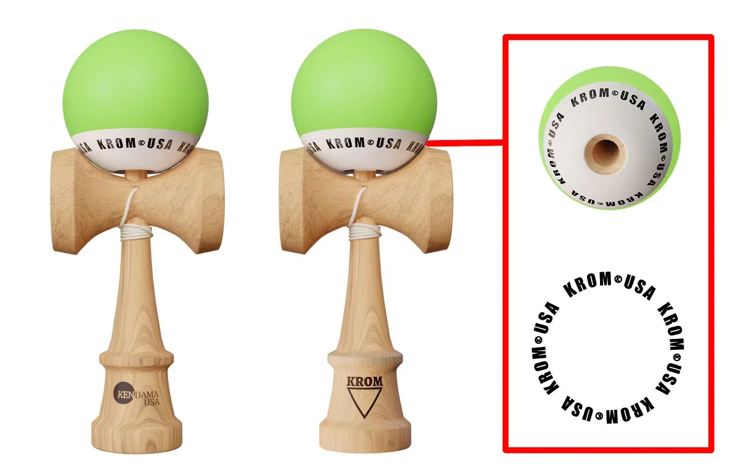 Reducere 55% - Kendama KROM USA verde lime ,18, 5 cm, Base cup, Cupe mari si set ata cadou 1 Kendama KROM USA verde lime