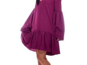 Rochie eleganta mov cu volane si broderie neagra