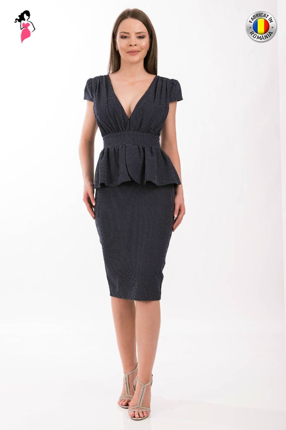 Reducere 10% - Rochie MBG Collection cu buline albe cu croi conic si basc 1 Rochie MBG Collection cu buline albe cu croi conic si basc