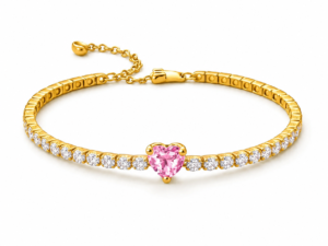 Bratara Tennis Pink Heart Gold Cu Aur