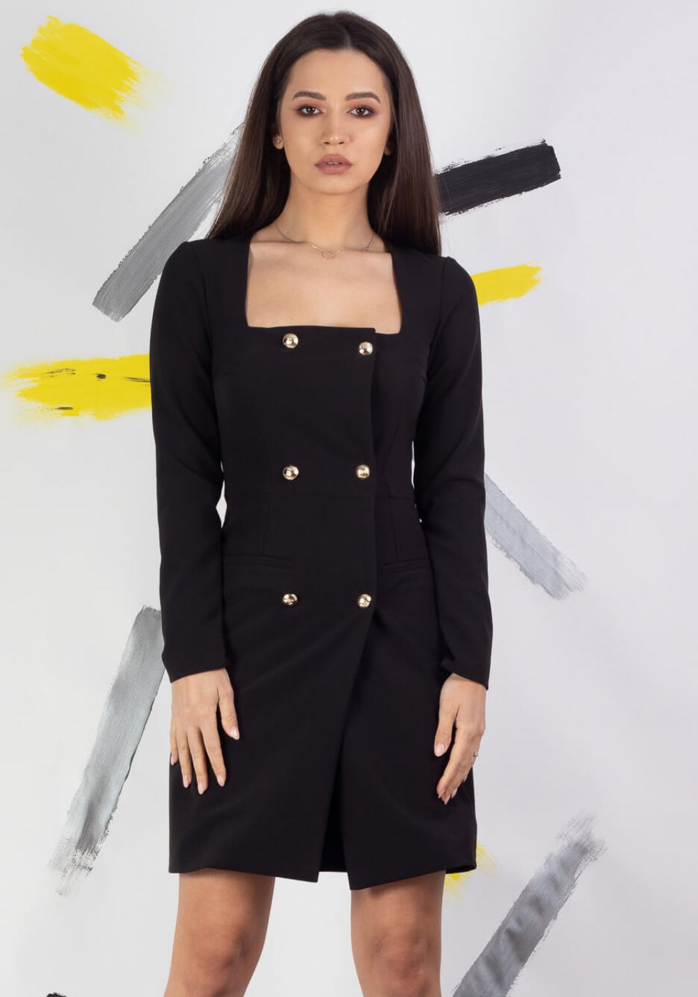 Reducere 10% – Rochie Moze tip sacou negru prevazut cu doua randuri de nasturi 1 Rochie Moze tip sacou negru prevazut cu doua randuri de nasturi