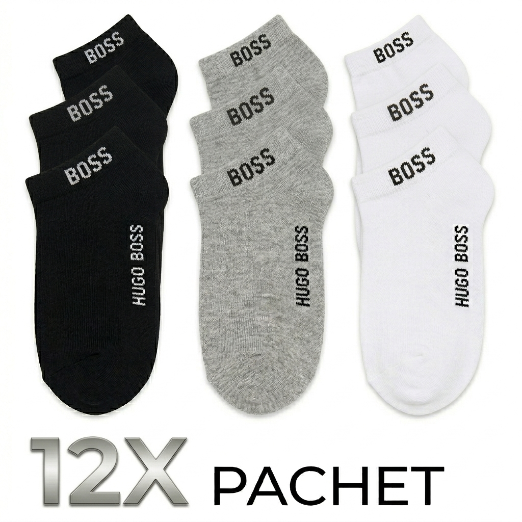 Reducere 50% - Set 12 Sosete HUGO BOSS, La glezna, Alb,Negru,Gri , Marimea 41-46 1 Set 12 Sosete HUGO BOSS