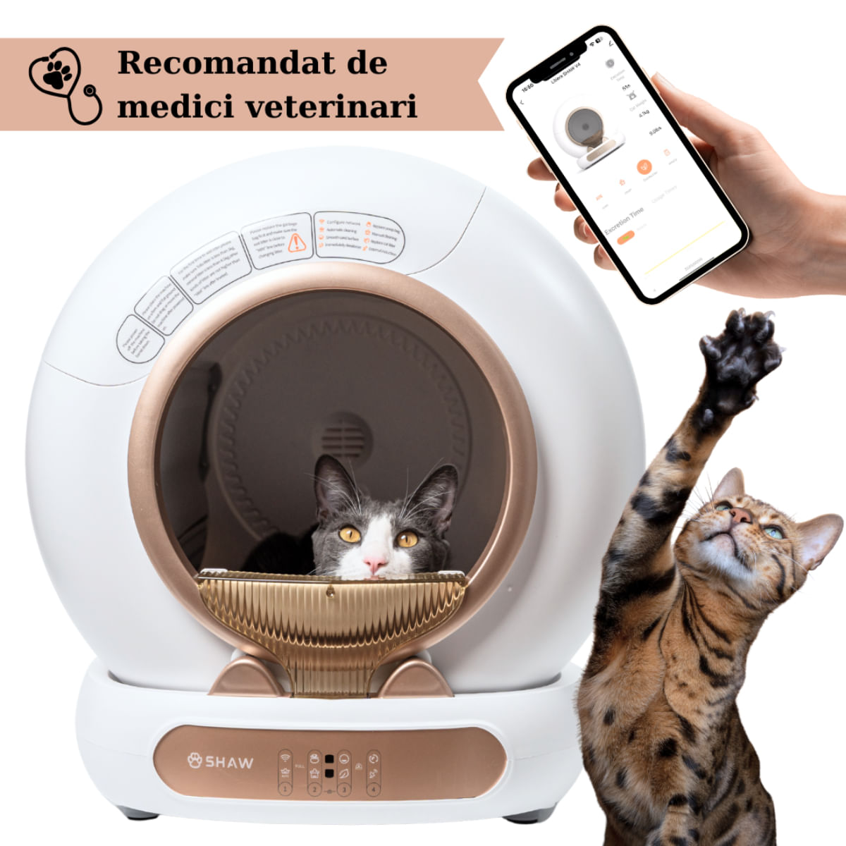 Reducere 12% - SHAW Smart V4, litieră automată pisici, auto-curățare, ionizare, aplicație mobilă, alb și auriu, 480x505 cm 2 litieră automată pisici