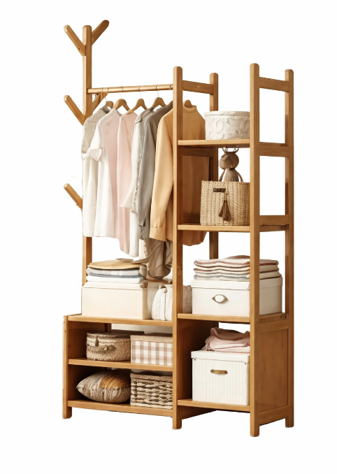 Reducere 48% - Cuier din bambus cu bara pentru haine si polite de depozitare design modern 140x100x37cm 1 Cuier din bambus cu bara pentru haine si polite de depozitare design modern 140x100x37cm